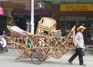 Thongpoon Naktae walks all over the city, trying to sell his rattan furniture so he can send his son to school.
